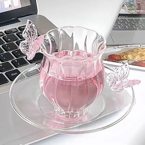 高硼硅蝴蝶玻璃水仙杯透明茶杯耐热家用杯法式公主玻璃杯