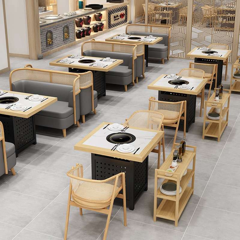 现代主题火锅店实木编藤卡座网红自助餐厅烤肉店岩板实木桌椅组合