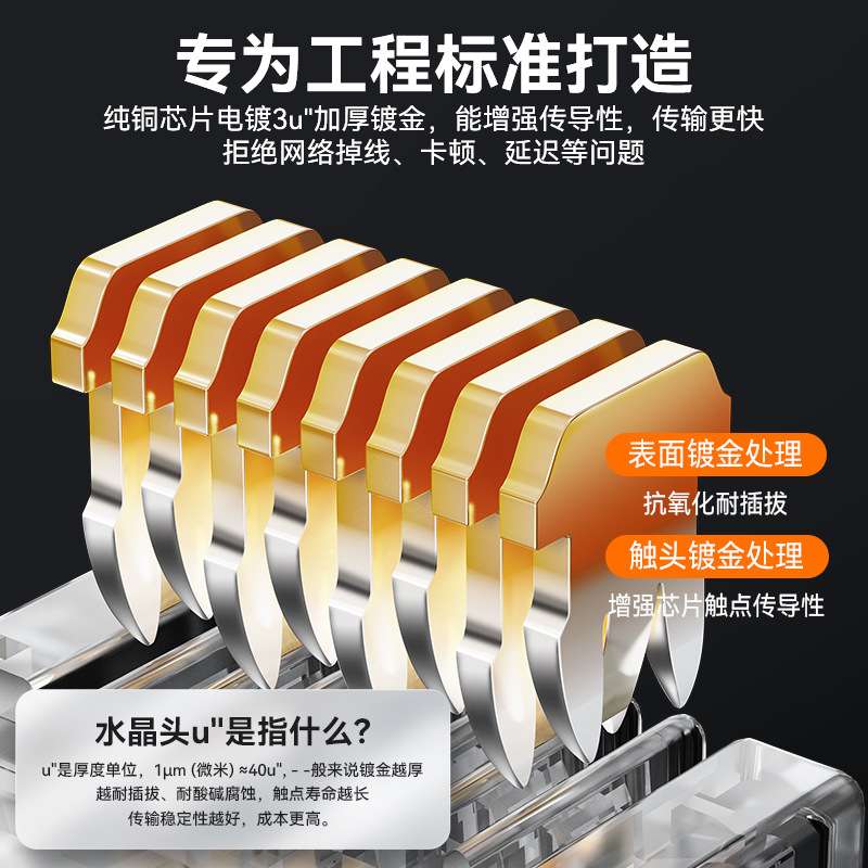 七类双屏蔽RJ45连接头工业级镀金芯片水晶头万兆带尾夹网线水晶头