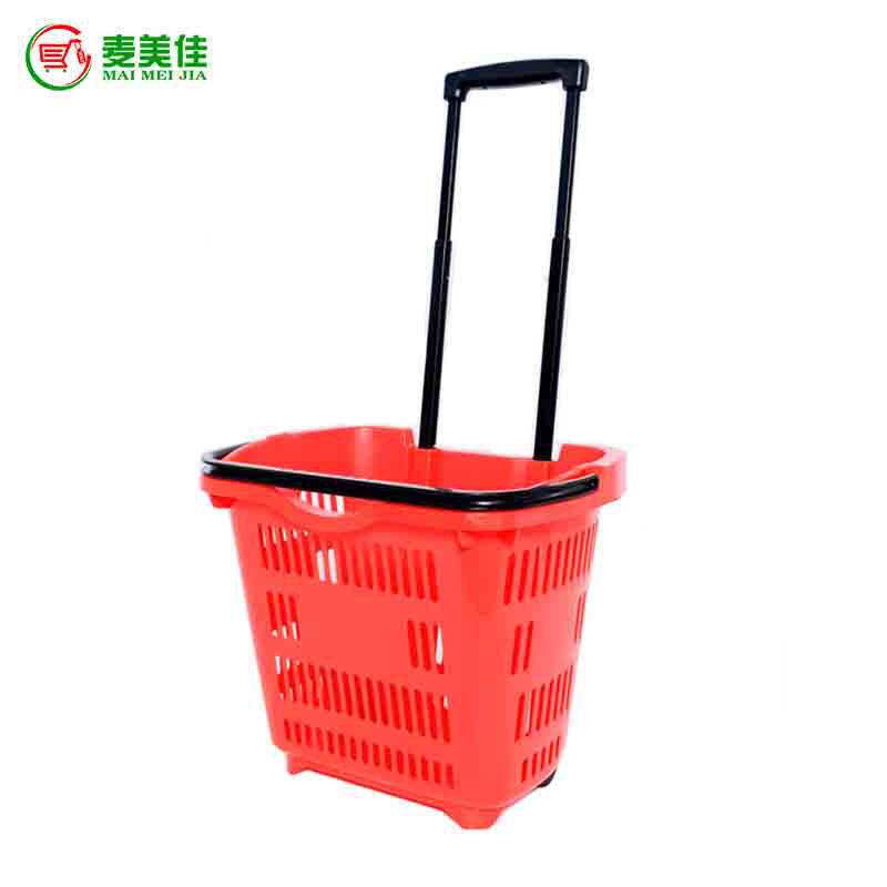 供应超市拉杆购物篮塑料带轮拉杆篮商场塑料拉杆购物蓝厂家直