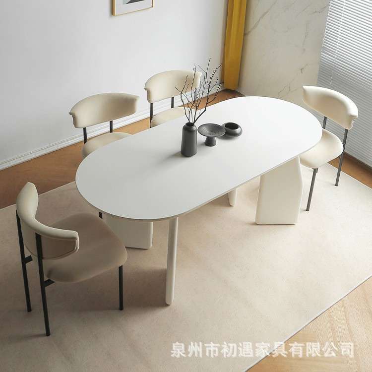 北欧全实木餐桌 奶油风家用客厅多人吃饭餐桌 法式白色椭圆形饭桌