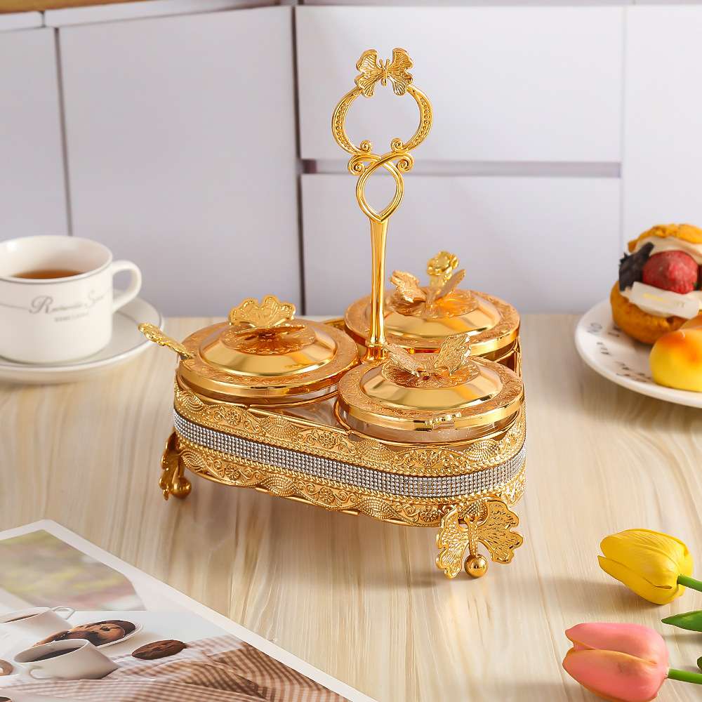 新款金色铁艺糖蛊欧式调料罐两罐三罐套装带勺子白糖罐厨房用品