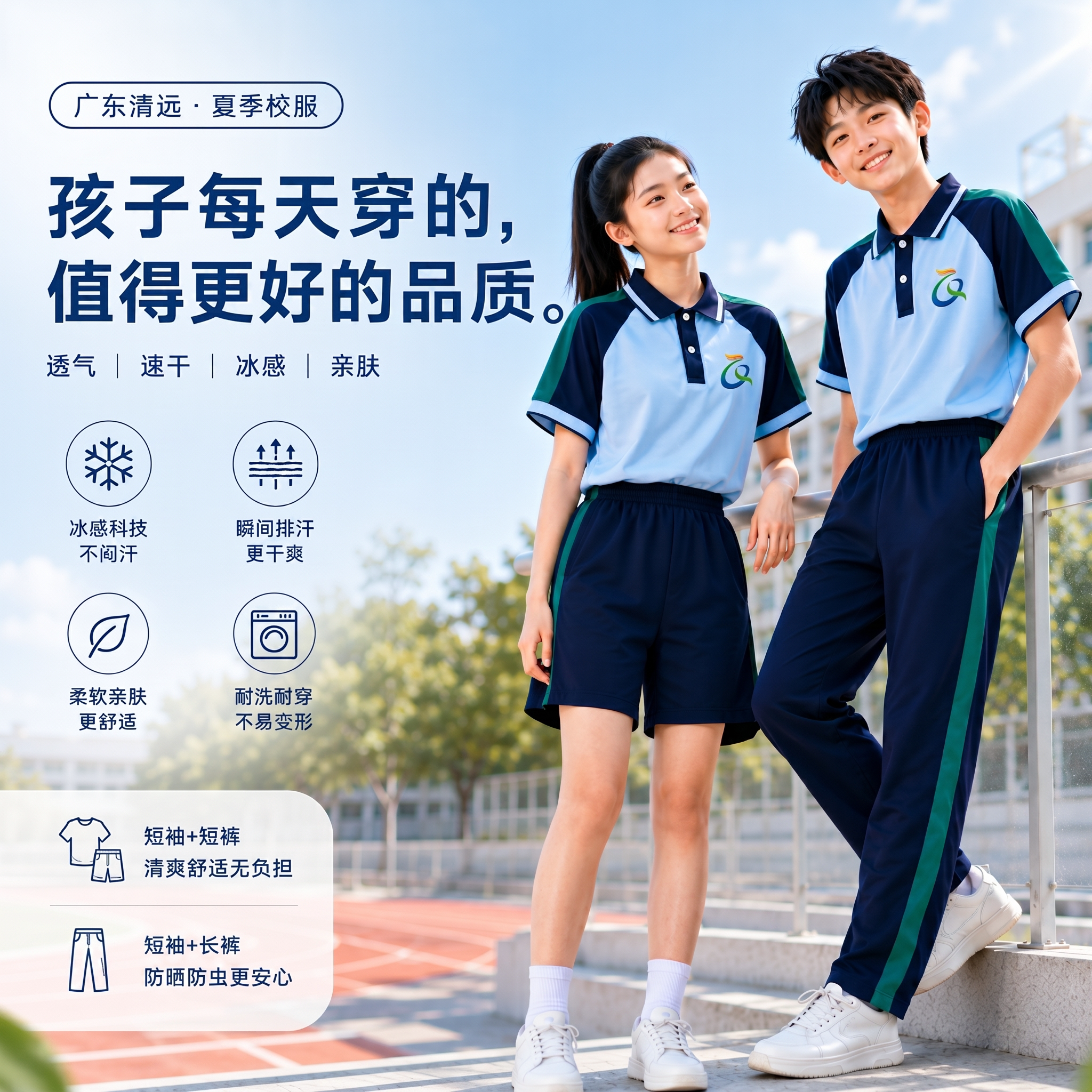 广东清远夏季中小学生校服套装男女同款透气速干统一款式图片
