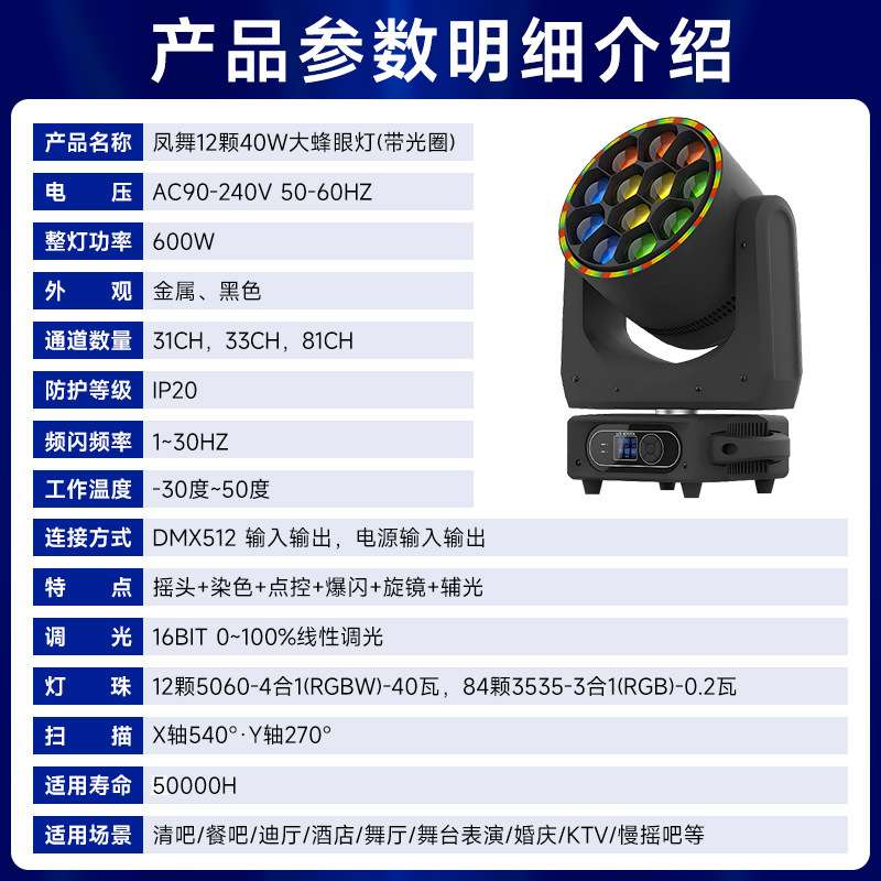 凤舞12颗40瓦大蜂眼带光圈摇头灯酒吧直播间婚庆全彩调焦染色灯