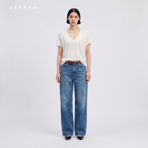 LEXHAM复古风夏季新款精纺V领半袖修身百搭休闲LH6TSH368268