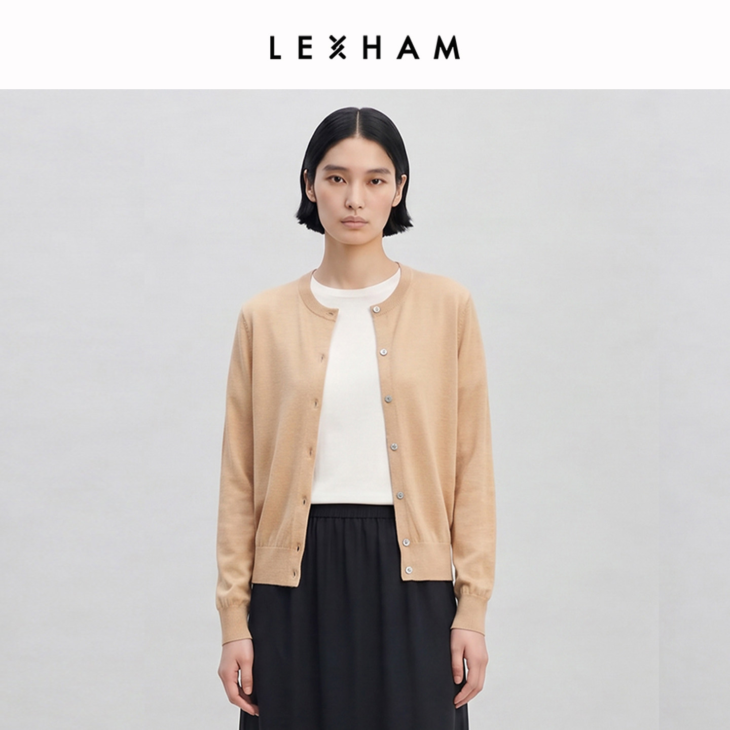 LEXHAM复古风羊绒精纺圆领针织开衫简约时尚通勤LH65SW118268