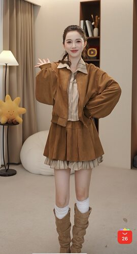 9-7F【纤奇菲】新款学院风拼条纹外套百褶裙套装 81025-T323