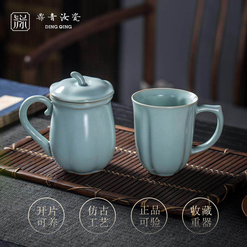 问鼎汝窑老板杯办公杯景德镇陶瓷杯带盖手工茶杯开片可养家用水杯