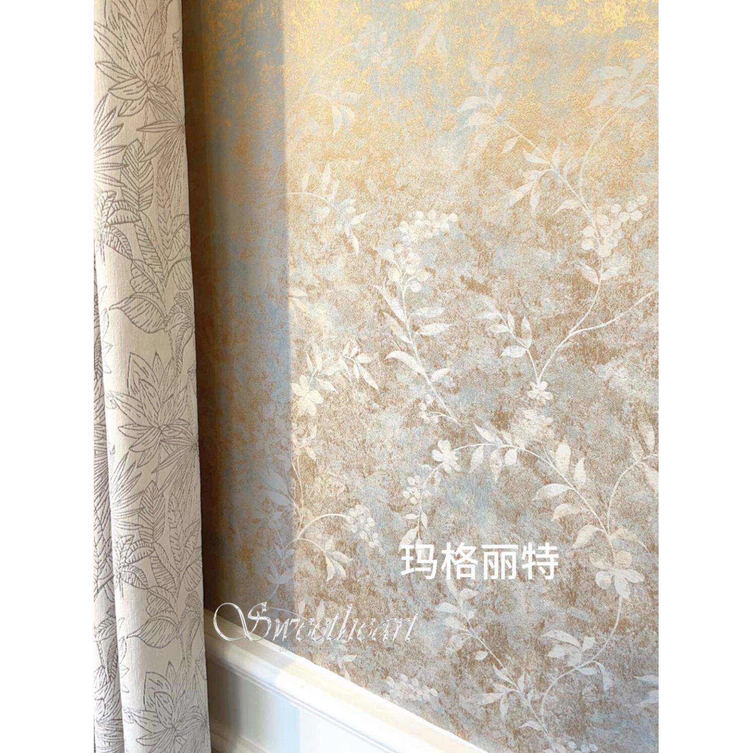 玛格丽特 泛微光法式桔梗叶 都泽壁布 美式黄色无缝墙布漫背景墙