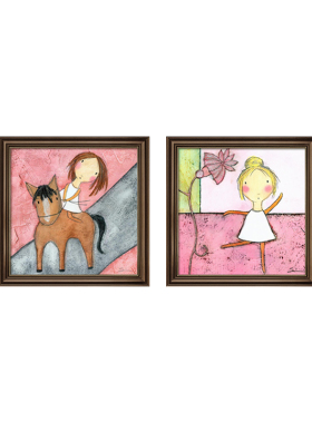 儿童房卧室装饰画抽象画女孩骑马卡通挂画美式床头粉色公主房墙画