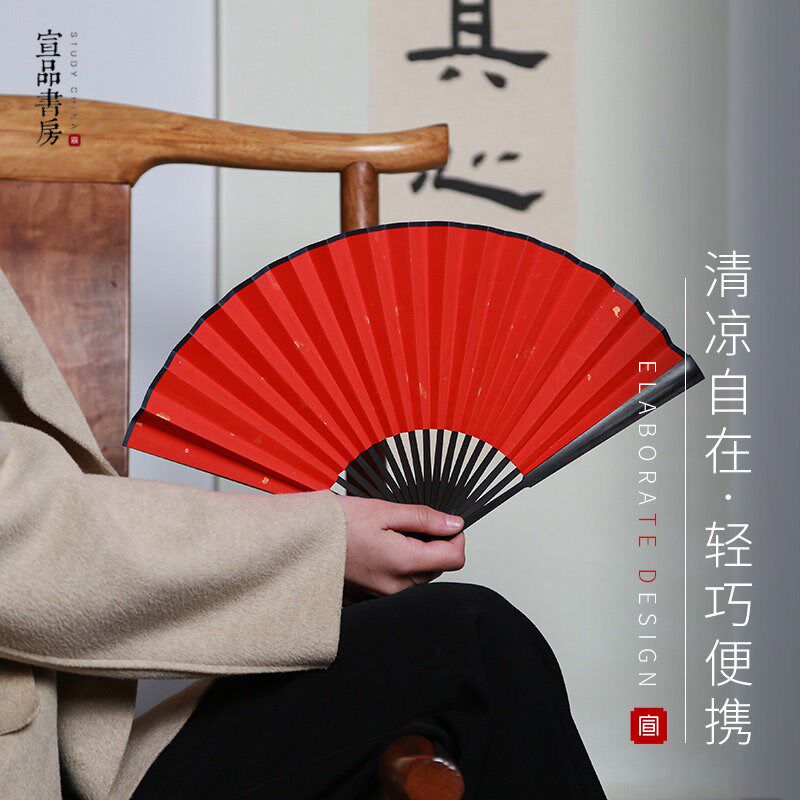 高档精美扇子竹木扇骨绢布宣纸扇面古风汉服女旗袍走秀小折扇 中