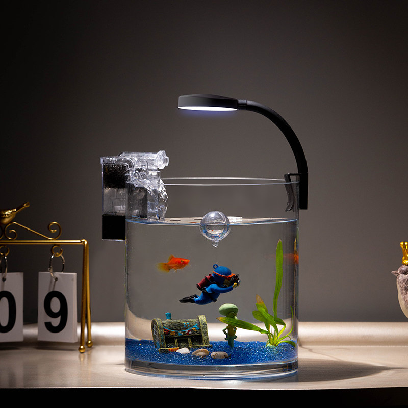 圆筒玻璃鱼缸金鱼缸直筒造景鱼缸桌面LED迷你水族箱过滤系统