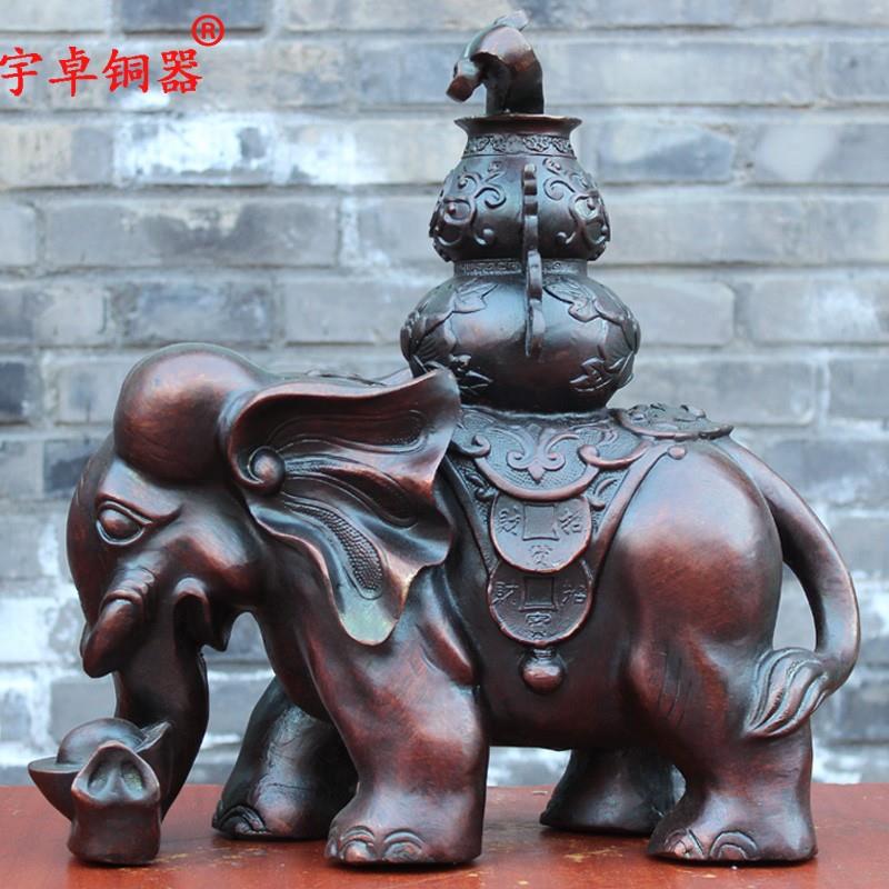 宇卓铜器聚宝盆宝葫芦大象一对工艺品摆饰 纯铜象黄铜象