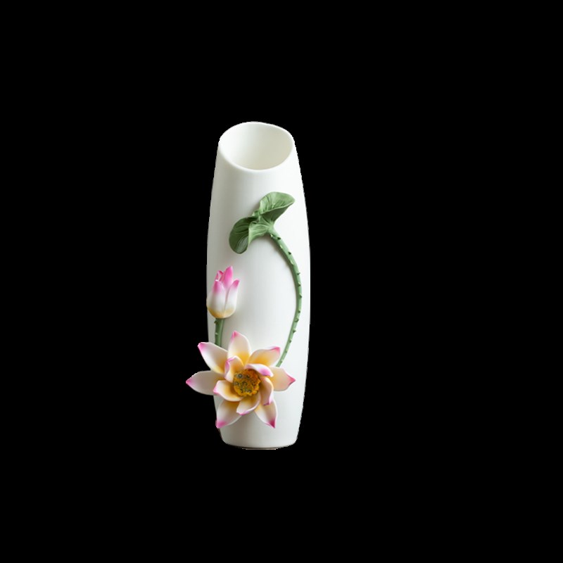 德化白瓷手工手捏牡丹花荷花瓷器 居家陶瓷摆件桌面书房花瓶 中式