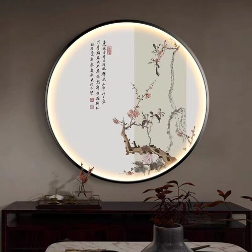 新中式玄关圆形装饰画书房茶室氛围灯画水墨禅意花鸟意境古风挂画