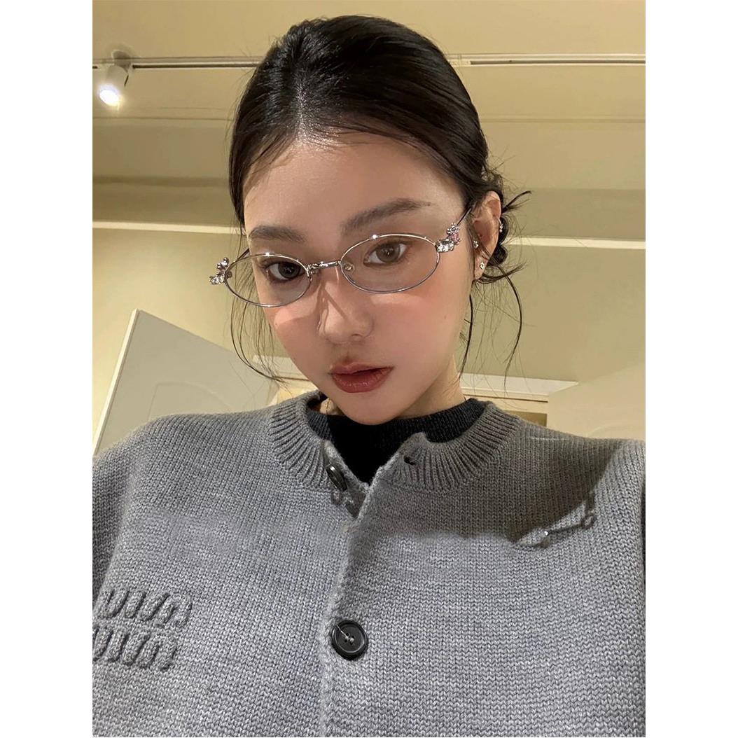jennie同款珠宝镶钻gm眼镜金属银色椭圆小框Y2K配度数平光镜高智图片