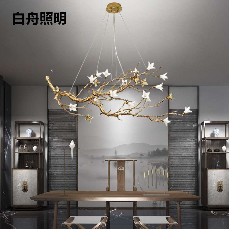 创意个性卧室客厅灯新中式全铜花朵水晶吊灯书桌茶室会客厅树枝灯