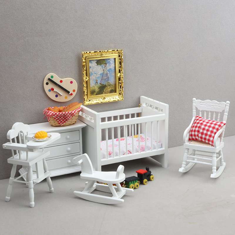 1:12迷你娃娃屋家具dollhouse摆件12分模型婴儿卧室5件套床饭椅马