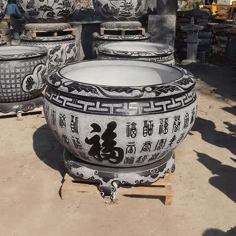 石雕鱼缸花盆青石仿古水缸福字门海中式别墅庭院石缸养鱼种花摆件