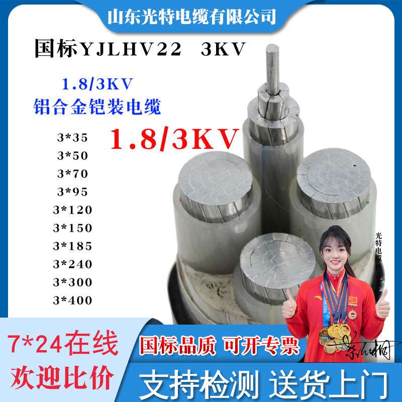 铝合金YJLHV22国标1.8/3KV高压电缆6KV 3 5 芯单芯3*50 95平方150