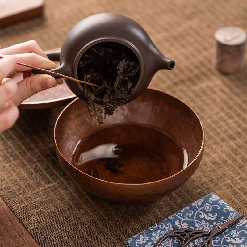 紫铜圆形干泡小托盘手工老锡壶承储水小茶台建水家用蓄水茶壶托盘