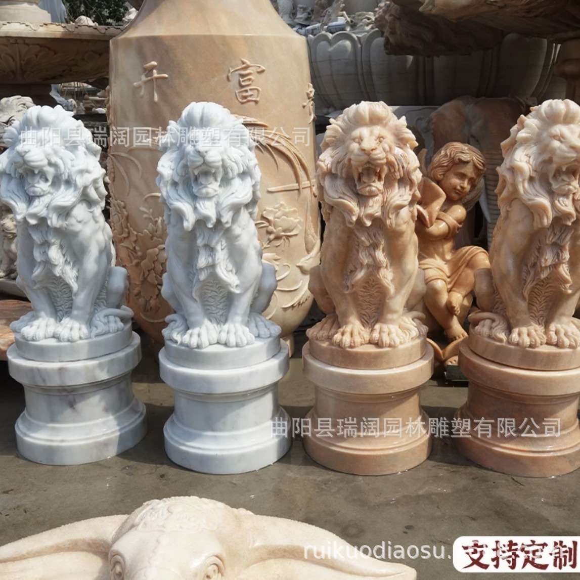 石雕欧式狮子一对户外门口晚霞红蹲狮子汇丰爬狮别墅酒店石摆件