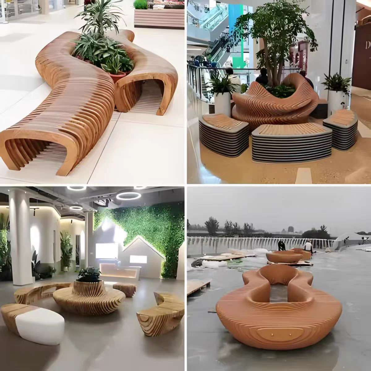 防腐实木异形切片座椅商场休息美陈切片座椅户外景观拼接条纹凳