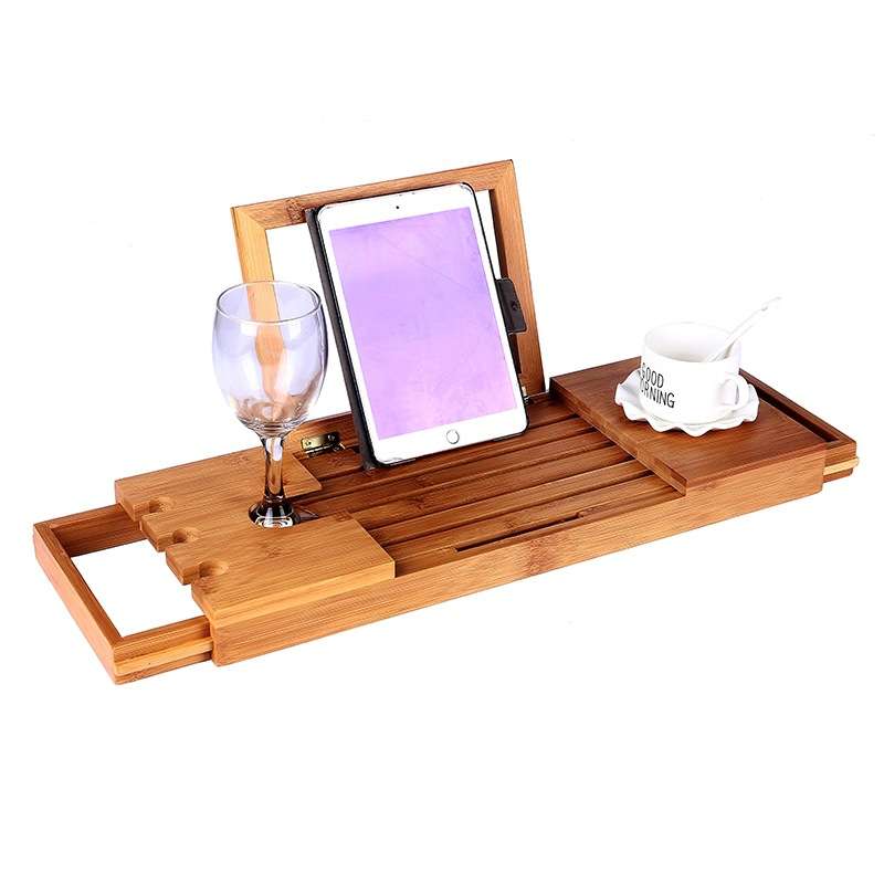 源头工厂小号竹木可伸缩浴缸架 iPad手机浴室泡澡浴缸置物托盘