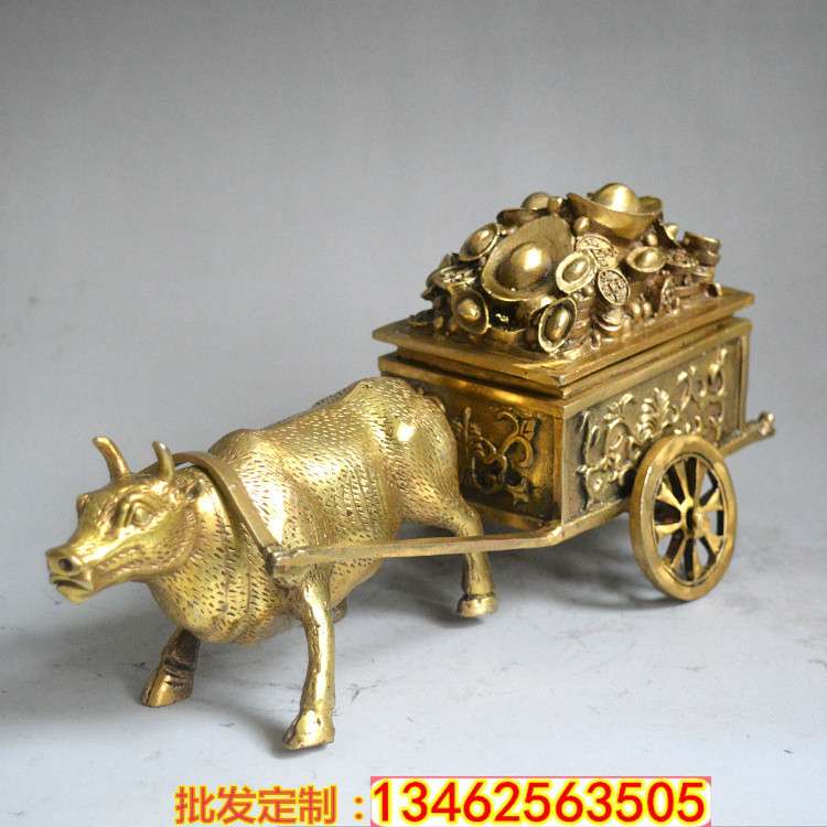 厂家直销纯铜牛拉车摆件生肖牛财运牛拉元宝家居风水装饰品摆设
