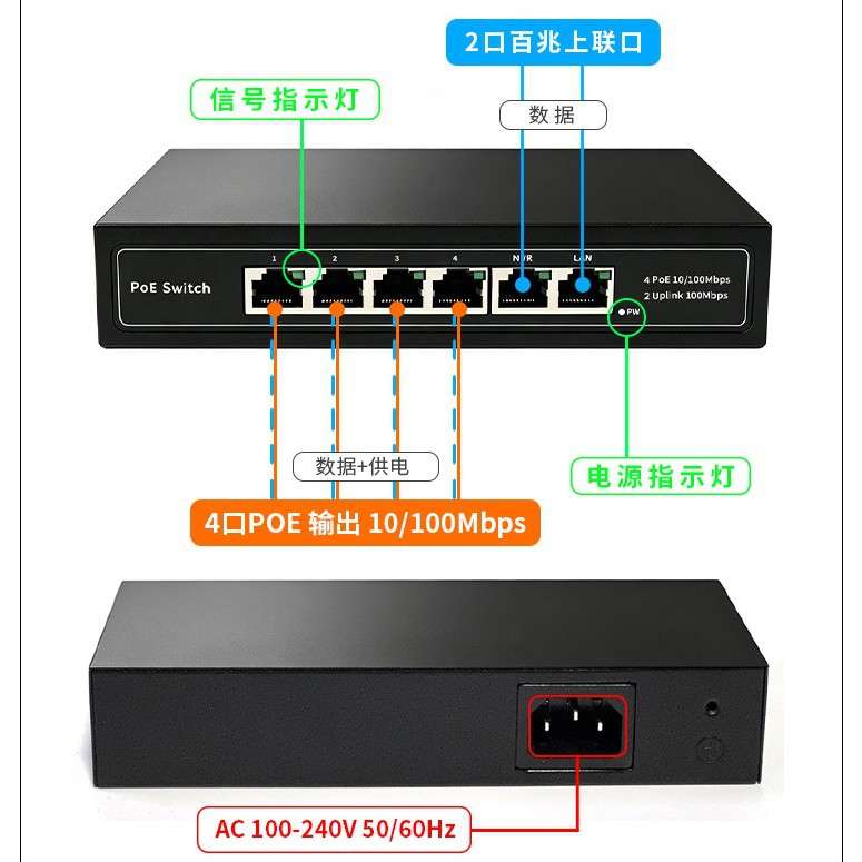 4+2 POE 6口POE交换机 24VPOE 门禁POE 楼宇对讲 POE交换机百兆