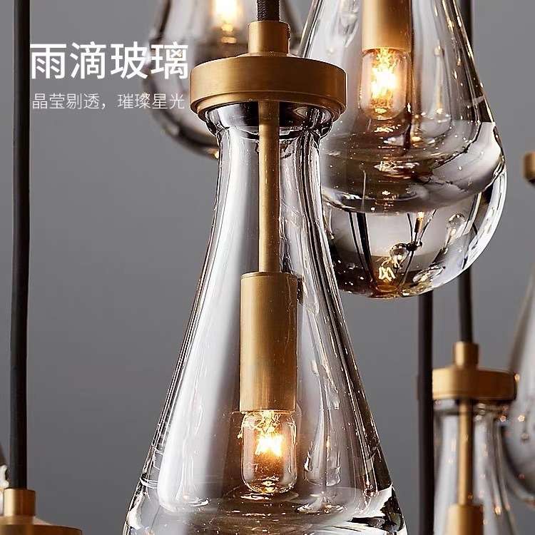 美式RH全铜水滴水晶吊灯主卧室床头吊灯RH雨滴复式楼个性雨滴灯
