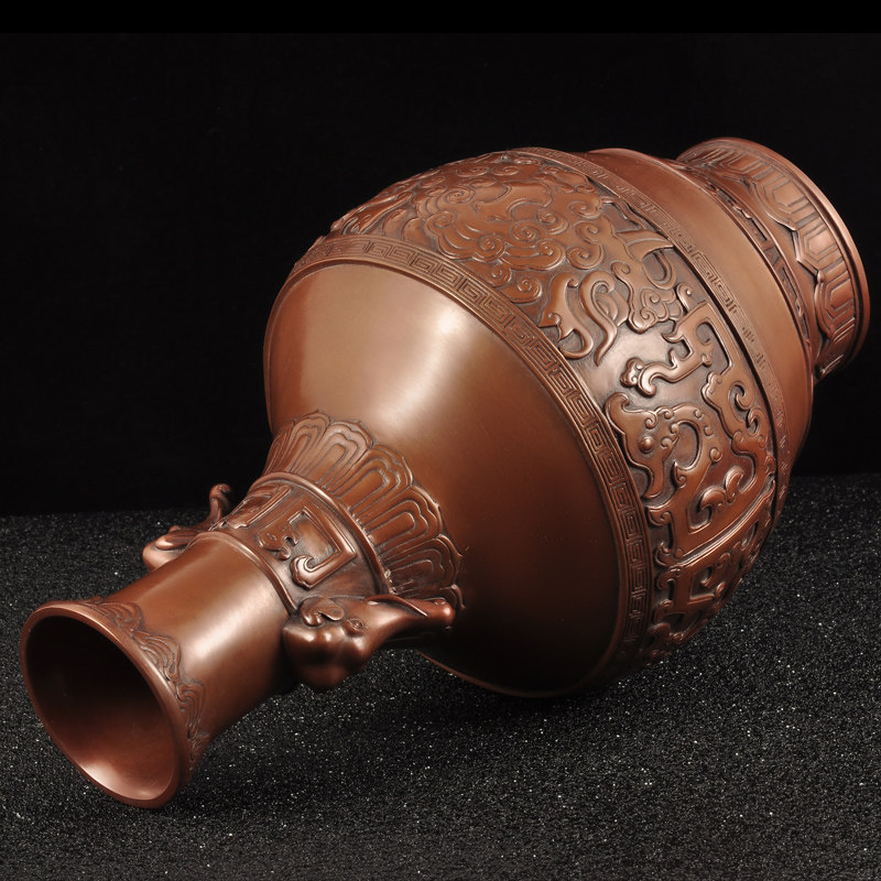 紫铜象首耳龙纹花瓶摆件家居客厅电视柜博古架装饰品乔迁新居礼品