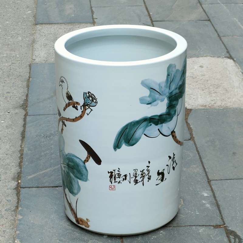 陶瓷书画筒雨伞缸手绘荷花卷轴字画缸家居书房装饰陶瓷摆件收藏品