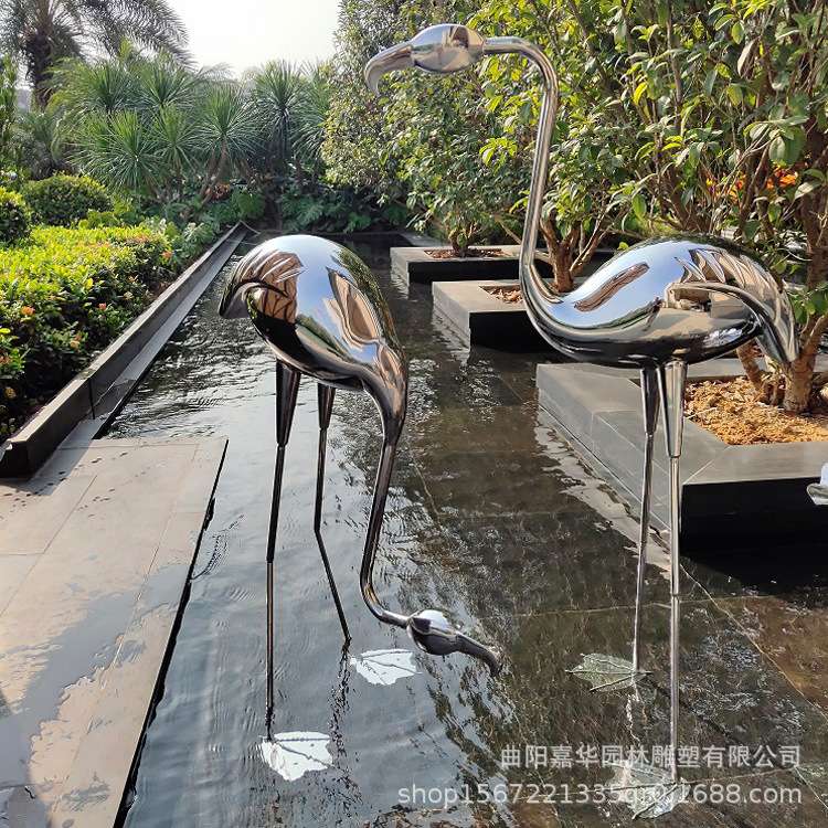 户外不锈钢火烈鸟仙鹤雕塑售楼处园区景观小品布置落地大摆件