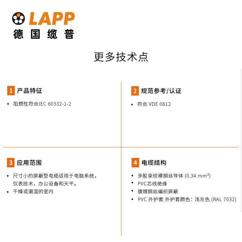 缆普LAPP电线电缆UNITRONIC? LIYCY国标铜芯多股装修护套线软线