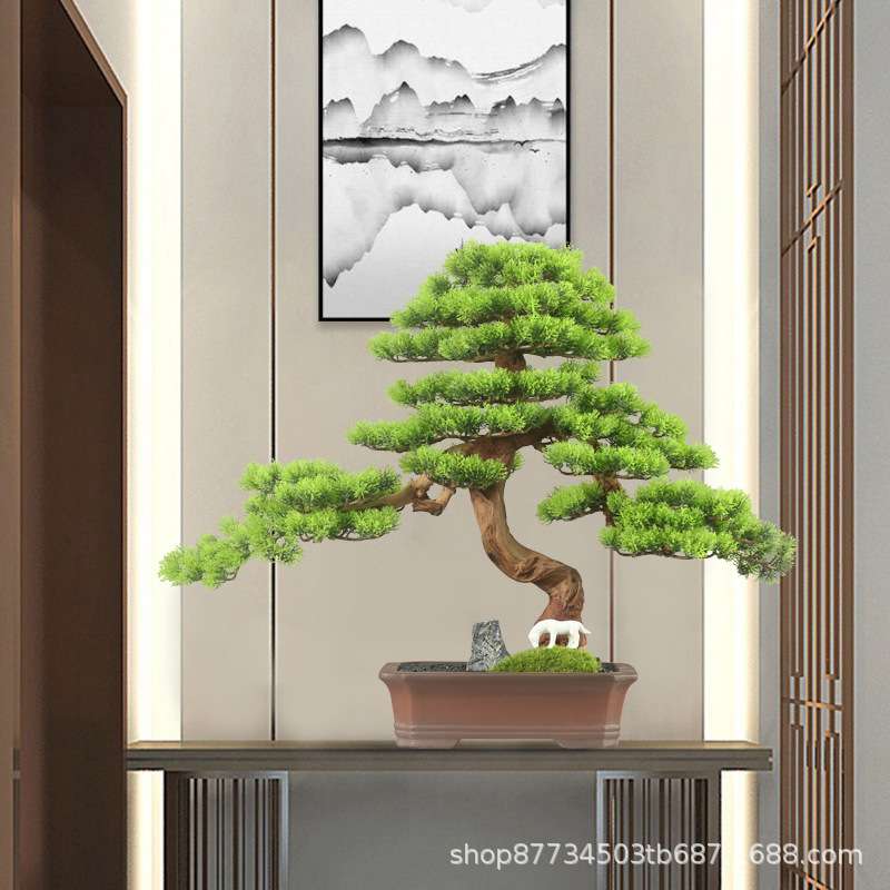 新中式仿真迎客松盆景摆件崖柏盆栽客厅假树植物酒店装饰玄关造景