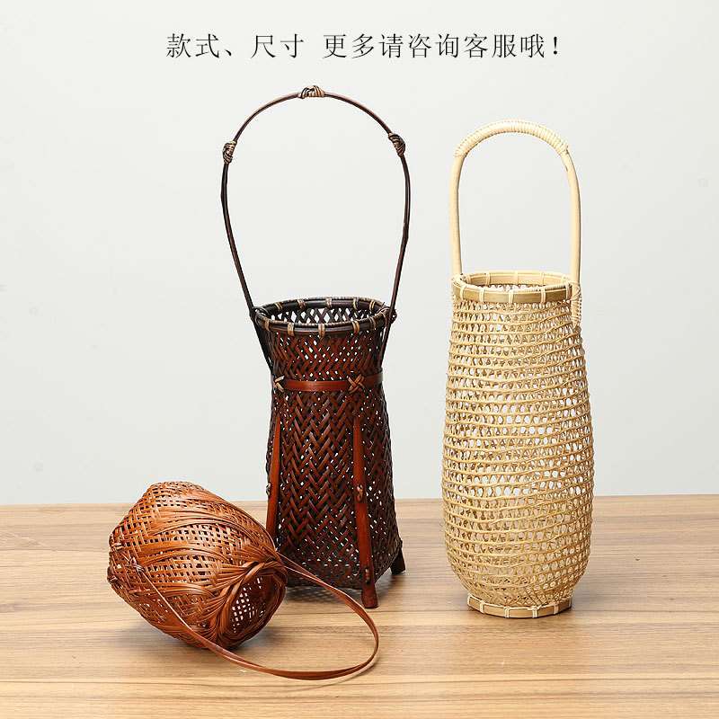 手提竹编花篮干花篮编织收纳篮子 藤编花器插花摆件厂家