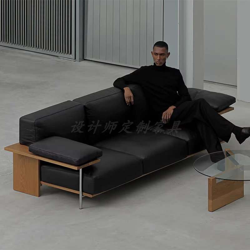 意式复古实木沙发小户型轻奢客厅现代极简中古风金属皮布三人沙发