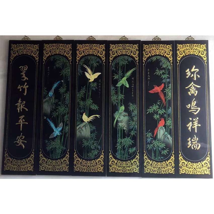 推光漆器工艺墙画四页挂画传统手工漆器贴金彩绘古风漆画装饰挂屏