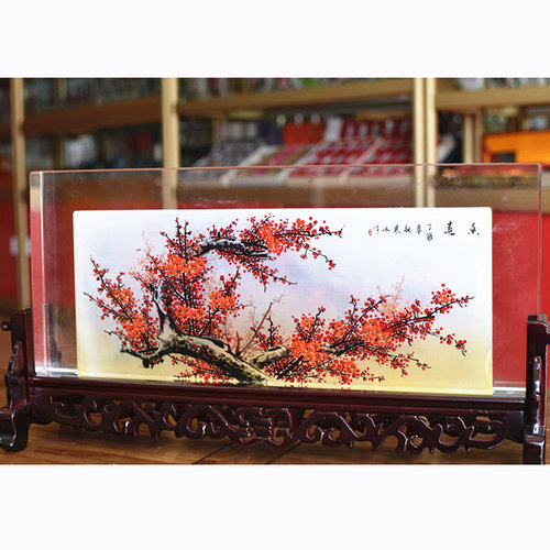 家居办公水晶摆件内画屏风玻璃工艺品手绘梅花图礼品开业