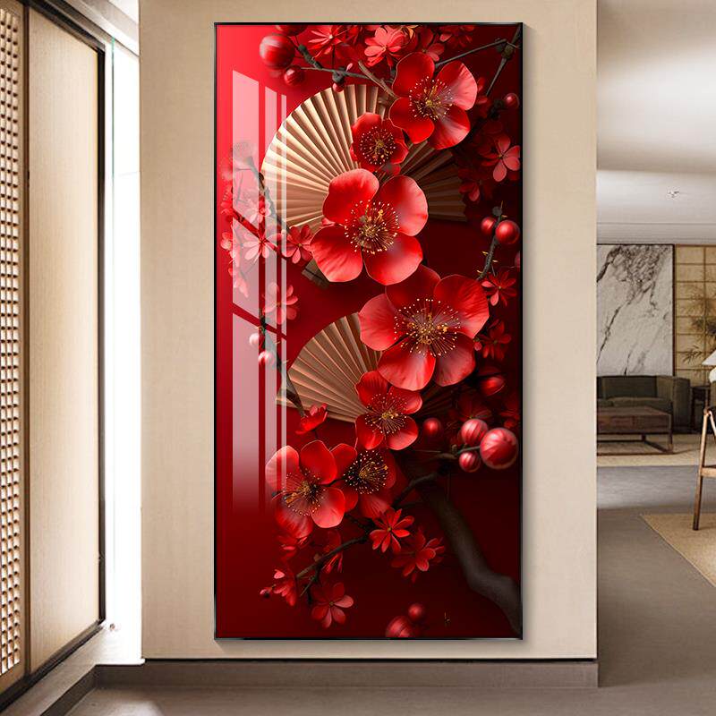 红色喜庆中国风入户玄关装饰画走廊过道挂画竖版酒店楼梯拐角壁画