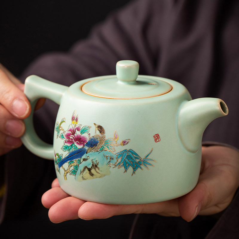 匠仙天青汝窑茶壶单壶开片大容量泡茶壶大号冰裂釉井栏壶礼盒装