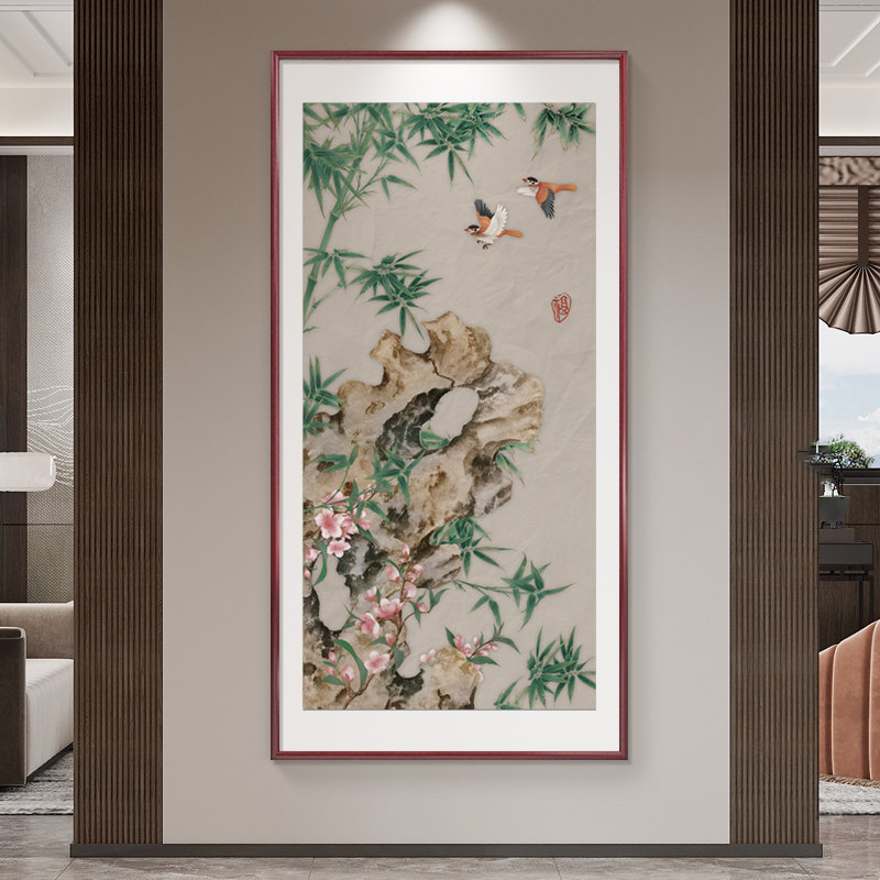 新中式玄关装饰画花鸟竹子画走廊过道壁画竖版客厅沙发背景墙挂画