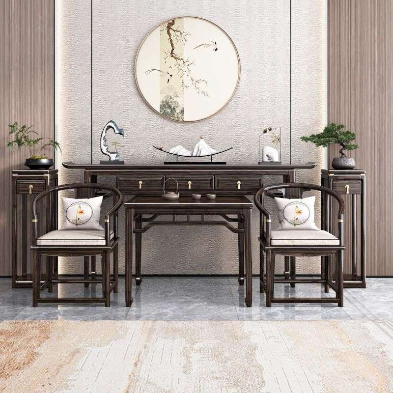 新中式乌金木条案桌玄关桌中堂六件套实木供桌香案堂屋客厅八仙桌