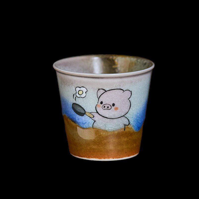 手绘小猪煎蛋茶杯主人杯冬日喝茶景德镇陶瓷茶具可爱直筒品茗杯