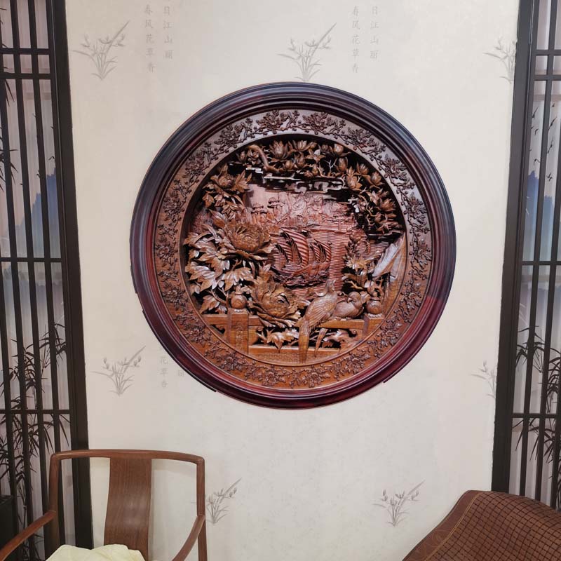 东阳木雕手工雕刻双层深雕一帆风顺松树竹子牡丹镂空浮雕圆盘挂件