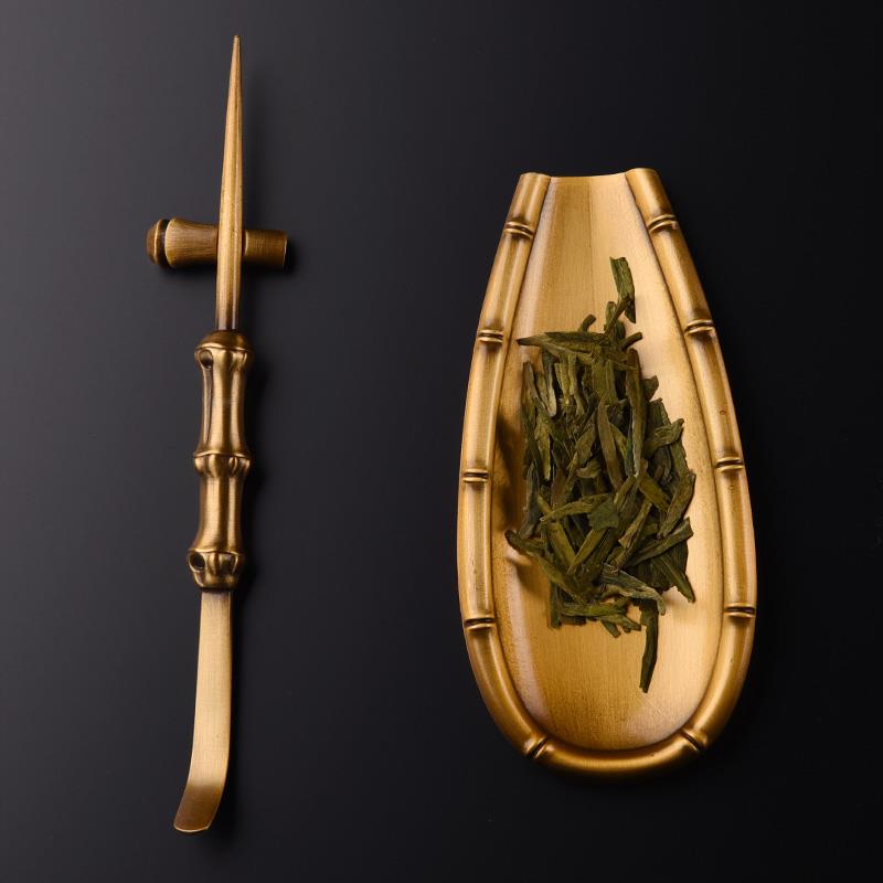 锦格黄铜茶则茶荷茶则三件套茶道茶艺配件茶拨茶针茶匙茶勺取茶器