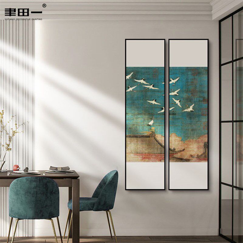 新中式客厅组合装饰画茶室禅意瑞鹤吉祥寓意壁画展厅书房古典挂画
