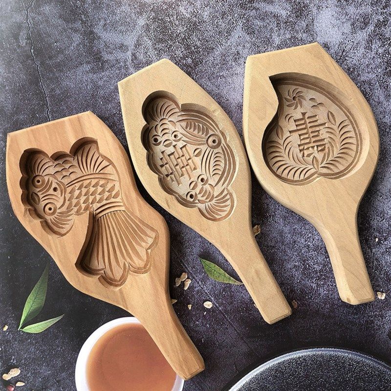 手工中式面食家用花样蒸馒头南瓜饼元宝鲤鱼金鱼寿桃木质烘培模具