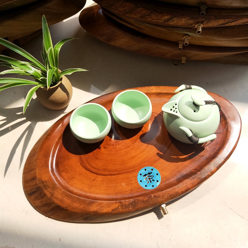 小号实木排水茶盘简约家用小茶台香樟木整块功夫茶具茶海圆形托盘